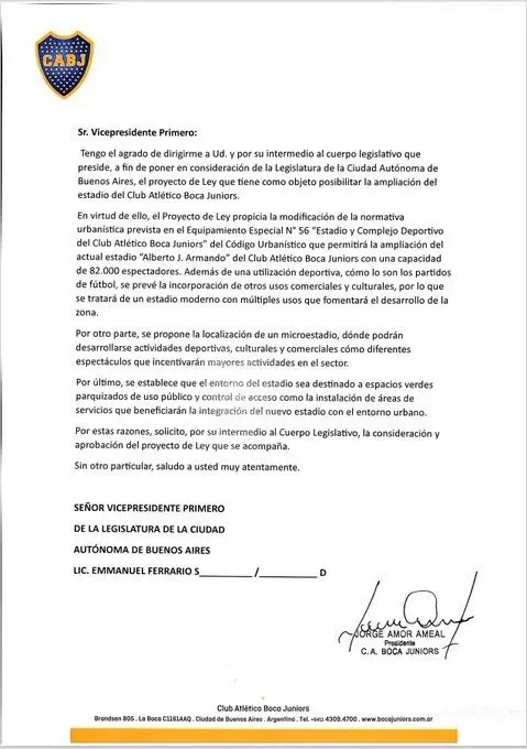 El documento que Boca presentó en la Legistatura Porteña (vía Planeta Boca Juniors)