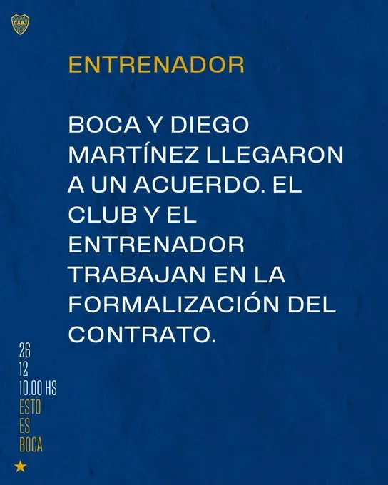 La comunicación oficial de Boca para anunciar a Diego Martínez como DT (@estoesbocaok)