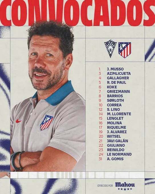 Los convocados de Simeone en Atlético de Madrid.