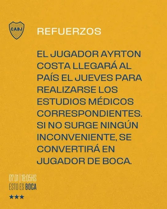 El anuncio de Boca sobre el arribo de Ayrton Costa.