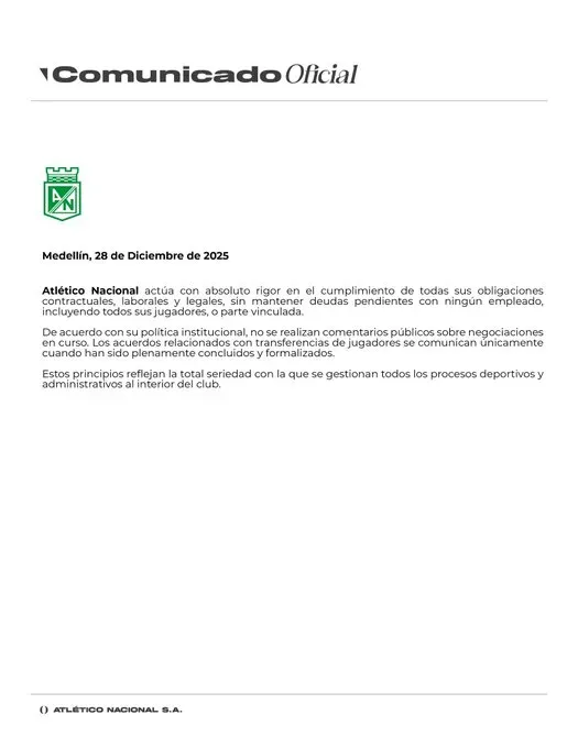 El comunicado de Atlético Nacional sobre las versiones de una supuesta deuda salarial con Marino Hinestroza.