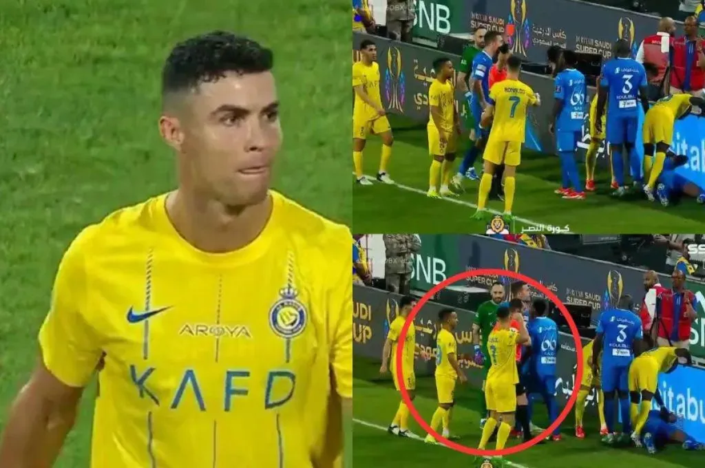 El momento en el que CR7 amaga con agredir al árbitro de Al Nassr vs. Al Hilal. Captura de la transmisión oficial.