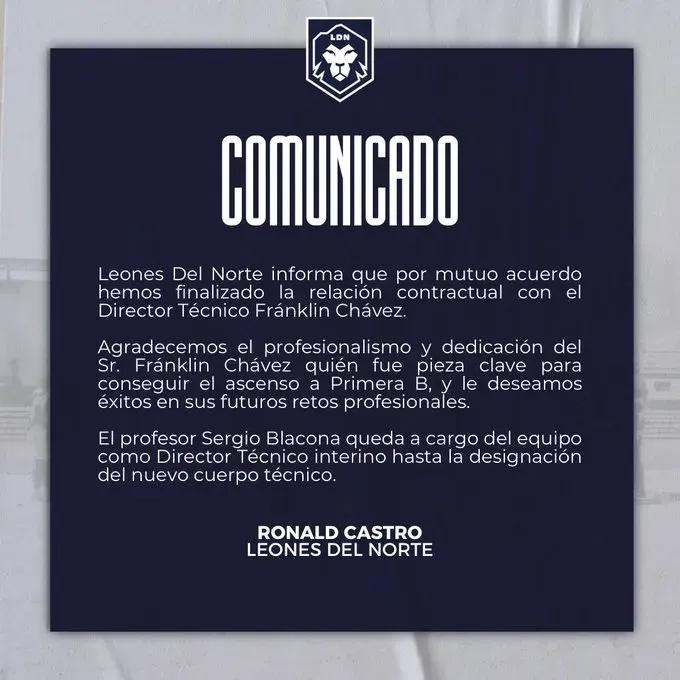 Leones Del Norte confirmó la salida de su DT. (Foto: @leonesde_norte)