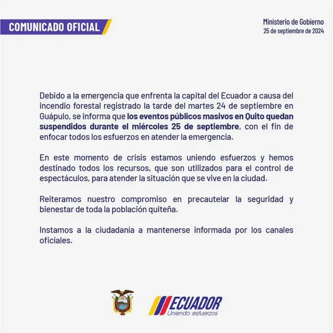 El comunicado del Ministerio del Gobierno sobre los eventos en Quito.