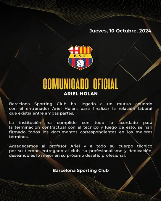 Así fue el comunicado de salida de Ariel Holan. (Foto: @BarcelonaSC)