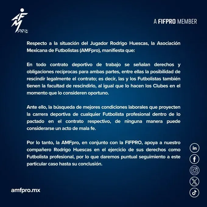 La AMFpro en contra de Cruz Azul: apoyará a Rodrigo Huescas