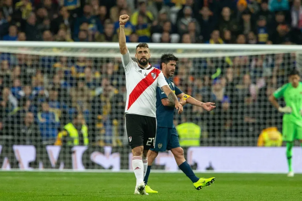 Lucas Pratto tras su gol en Madrid ante Boca en la final de la Libertadores. (Foto: IMAGO).