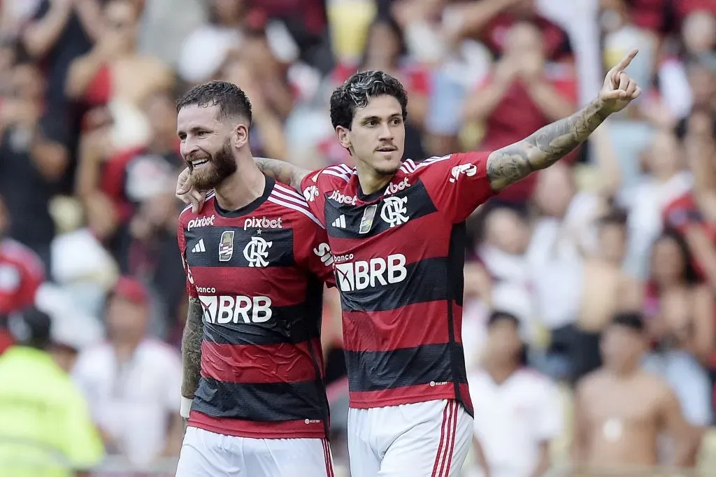 – Pedro jogador do Flamengo comemora seu gol durante partida contra o Cuiaba no estadio Maracana pelo campeonato Brasileiro A 2023. Foto: Alexandre Loureiro/AGIF