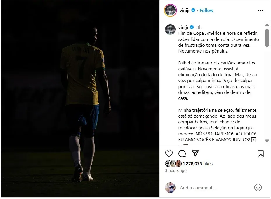 Vinicius’ message. Instagram.