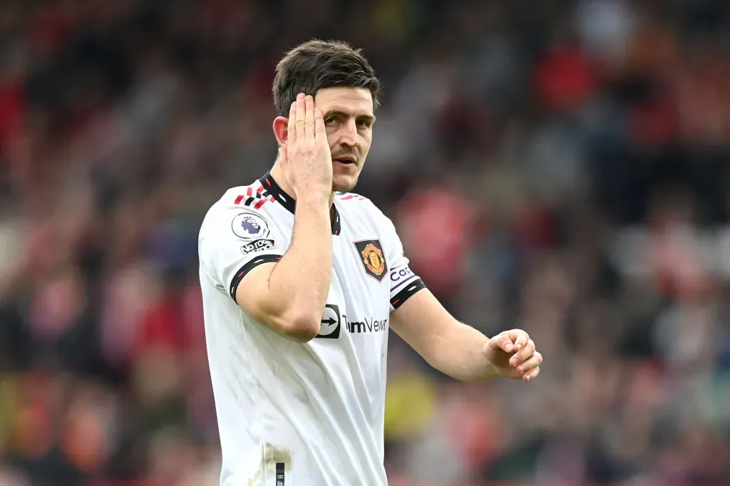 NOTTINGHAM, ENGLAND – APRIL 16: Harry Maguire of Manchester United reacts during the Premier League match between Nottingham Forest and Manchester United at City Ground on April 16, 2023 in Nottingham, England. (Photo by Michael Regan/Getty Images)