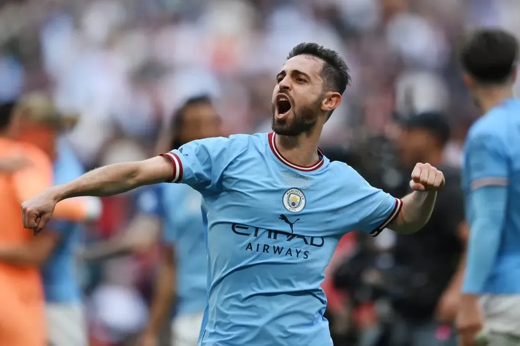 LONDON, ENGLAND – JUNE 03: Bernardo Silva of Manchester City celebrates following the team’s victory in the Emirates FA Cup Final between Manchester City and Manchester United at Wembley Stadium on June 03, 2023 in London, England. (Photo by Shaun Botterill/Getty Images)