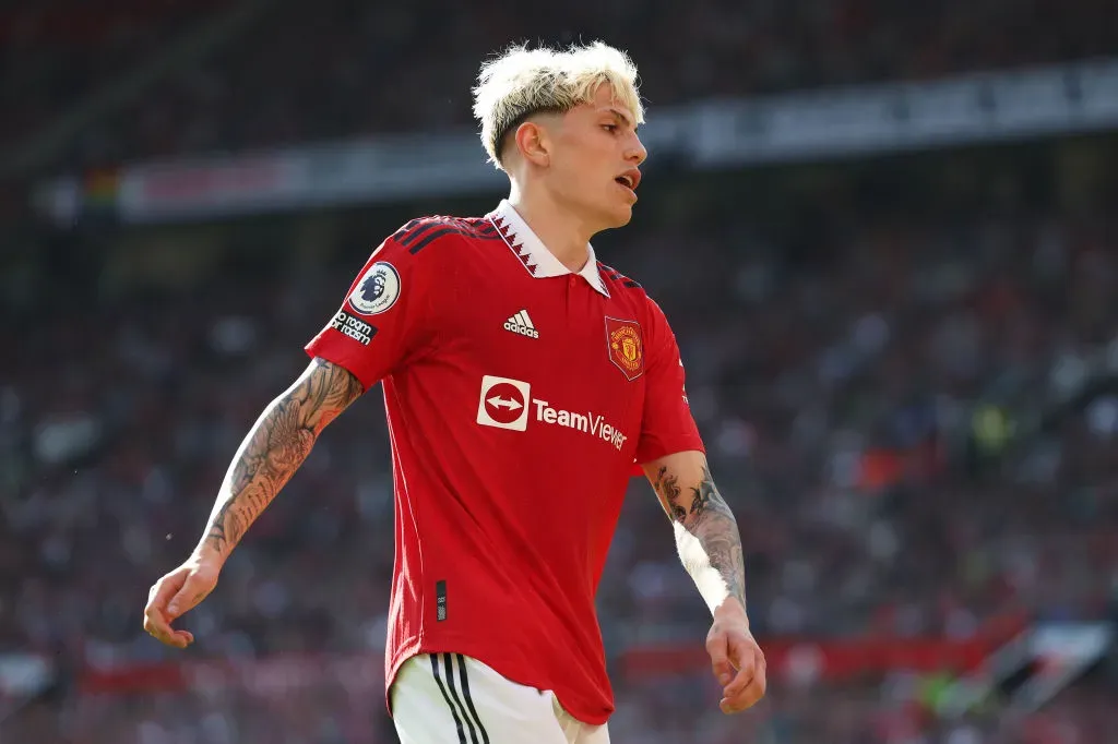 MANCHESTER, ENGLAND – MAY 28: Alejandro Garnacho of Manchester United during the Premier League match between Manchester United and Fulham FC at Old Trafford on May 28, 2023 in Manchester, England. (Photo by Matt McNulty/Getty Images)