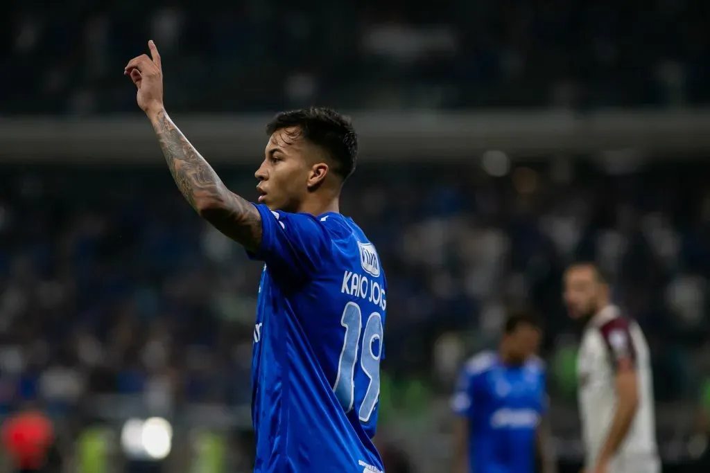 Kaio Jorge jogador do Cruzeiro comemora seu gol durante partida contra o Lanus  pela Copa Sul-Americana 2024. Foto: Fernando Moreno/AGIF