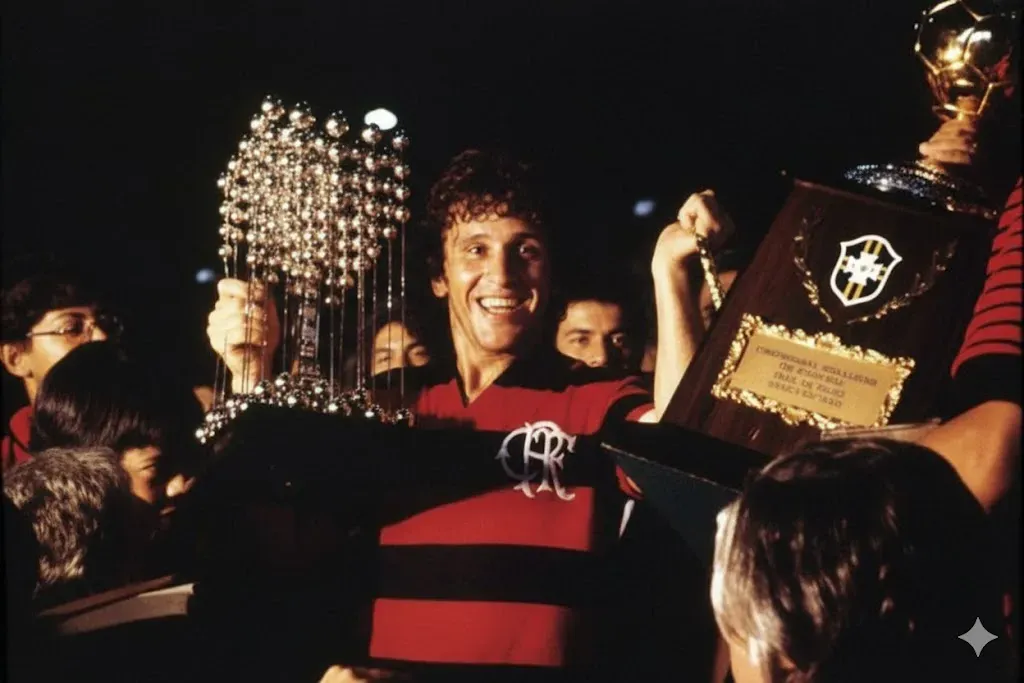 Zico levanta a Taça das Bolinhas pelo Flamengo:  Foto: Imagem de IA