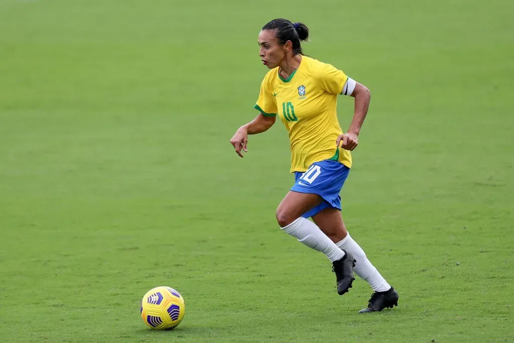 ORLANDO, FL – FEBRUARY 21: Marta #10 of Brazil plays against the United States during the SheBelieves Cup at Exploria Stadium on February 21, 2021 in Orlando, Florida. (Photo by Alex Menendez/Getty Images)