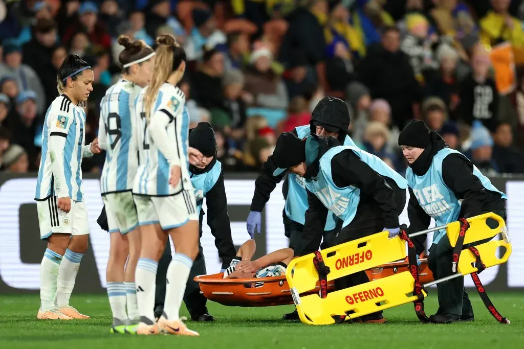 HAMILTON, NEW ZEALAND – AUGUST 02: Florencia Bonsegundo of Argentina is stretchered off the pitch after an injury during the FIFA Women’s World Cup Australia & New Zealand 2023 Group G match between Argentina and Sweden at Waikato Stadium on August 02, 2023 in Hamilton, New Zealand. (Photo by Phil Walter/Getty Images)