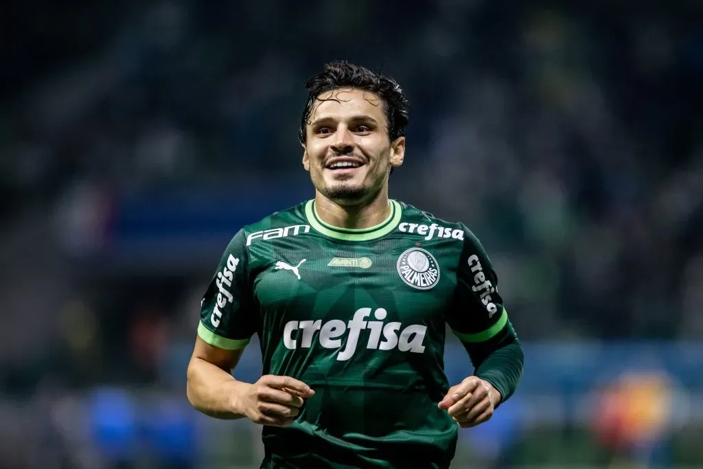 Raphael Veiga jogador do Palmeiras comemora gol durante partida contra o Barcelona de Guayaquil no  Arena Allianz Parque pela Libertadores 2023. Foto: Abner Dourado/AGIF