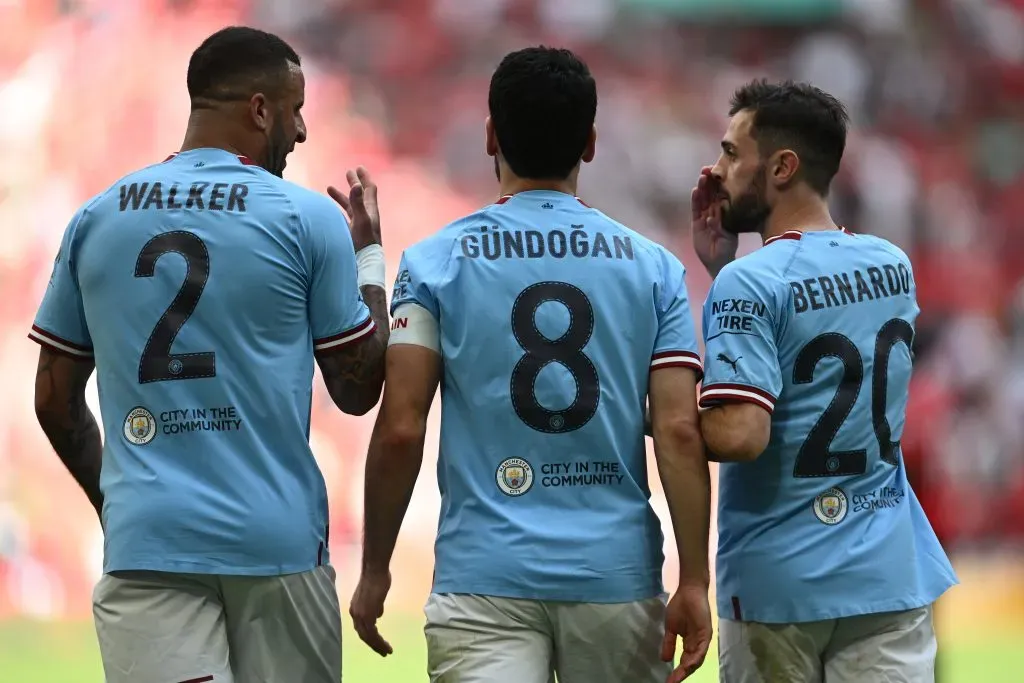 LONDON, ENGLAND – JUNE 03: Kyle Walker, Ilkay Gundogan and Bernardo Silva of Manchester City in discussion during the Emirates FA Cup Final between Manchester City and Manchester United at Wembley Stadium on June 03, 2023 in London, England. (Photo by Mike Hewitt/Getty Images)