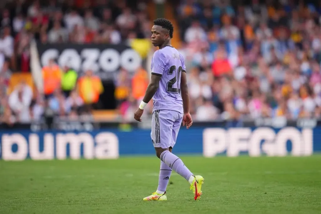 VALENCIA, SPAIN - MAY 21: Vinicius Junior of Real Madrid looks on during the LaLiga Santander match between Valencia CF and Real Madrid CF at Estadio Mestalla on May 21, 2023 in Valencia, Spain. (Photo by Aitor Alcalde/Getty Images)