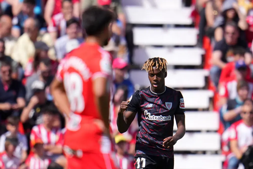 ALMERIA, SPAIN – APRIL 22: Nico Williams of Athletic Club celebrates after scoring the team’s first goal during the LaLiga Santander match between UD Almeria and Athletic Club at Juegos Mediterraneos on April 22, 2023 in Almeria, Spain. (Photo by Aitor Alcalde/Getty Images)