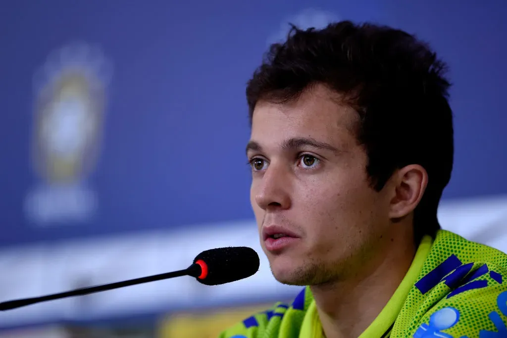 TERESOPOLIS, BRAZIL – JULY 06:  Bernard speaks during a press conference of the Brazilian national football team at the squad’s Granja Comary training complex, on July 06, 2014 in Teresopolis, 90 km from downtown Rio de Janeiro, Brazil.  (Photo by Buda Mendes/Getty Images)