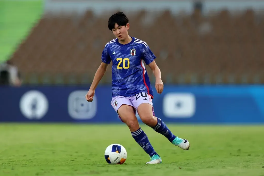 JEDDAH, SAUDI ARABIA – FEBRUARY 24: Toko Koga of Japan runs with the ball during the AFC Women’s Olympic Football Tournament Paris 2024 Asian Final Qualifier first leg between North Korea and Japan at Prince Abdullah Al Faisal Stadium on February 24, 2024 in Jeddah, Saudi Arabia. (Photo by Yasser Bakhsh/Getty Images)