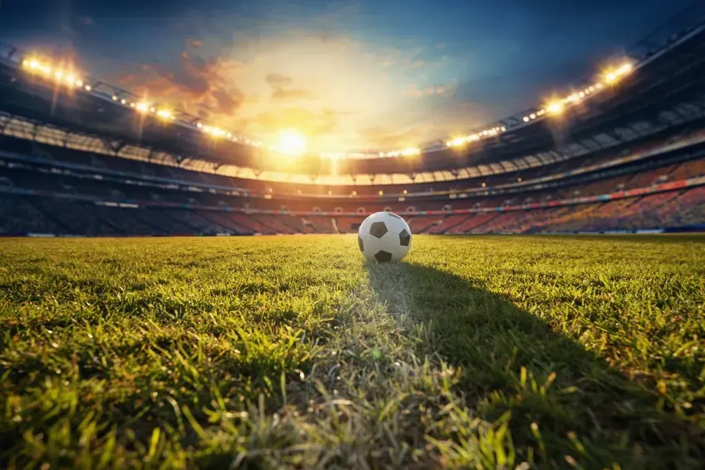 Bola de futebol sobre o gramado do estádio e arquibancada ao fundo.