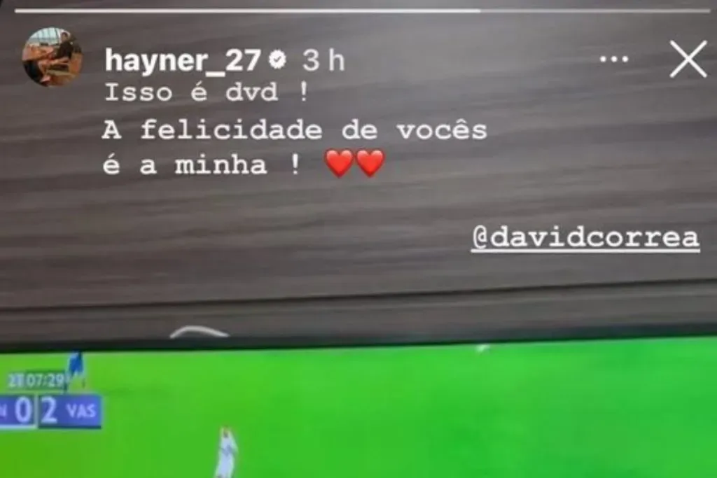 No Instagram, Hayner comemorou gol de David no 6 a 0 do Vasco contra o Santos – Foto: Reprodução