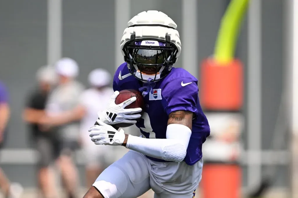 BEREA, OHIO – AUGUST 14: Jordan Addison #3 of the Minnesota Vikings runs a drill during a joint training camp practice with the Cleveland Browns at CrossCountry Mortgage Campus on August 14, 2024 in Berea, Ohio. (Photo by Nick Cammett/Getty Images)