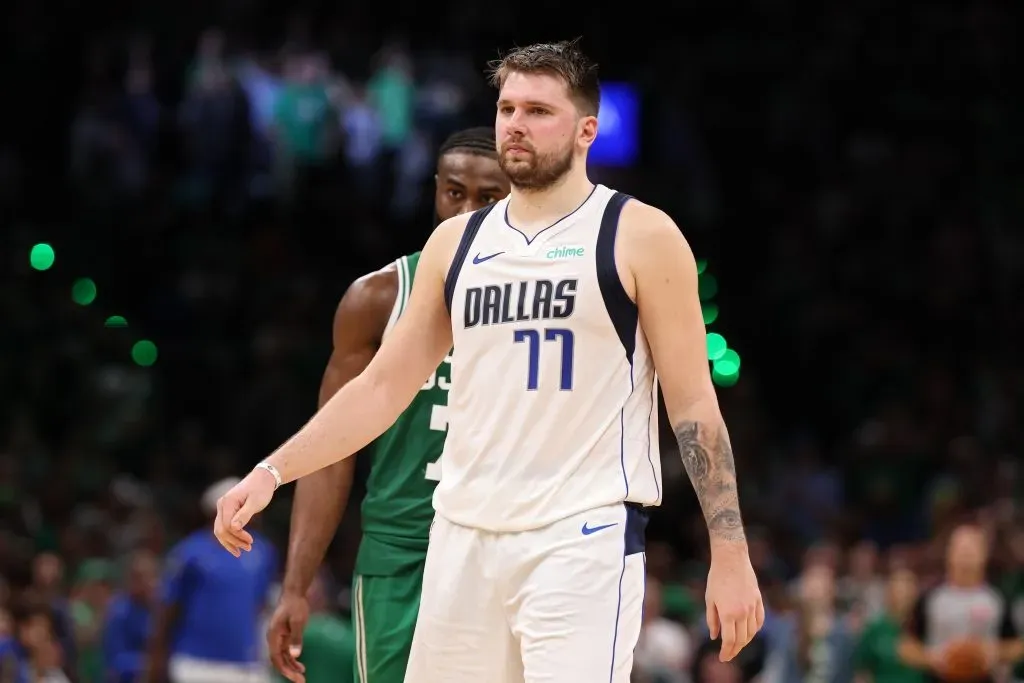 Luka Doncic #77 of the Dallas Mavericks looks on during the fourth quarter of Game Five of the 2024 NBA Finals against the Boston Celtics. Elsa/Getty Images