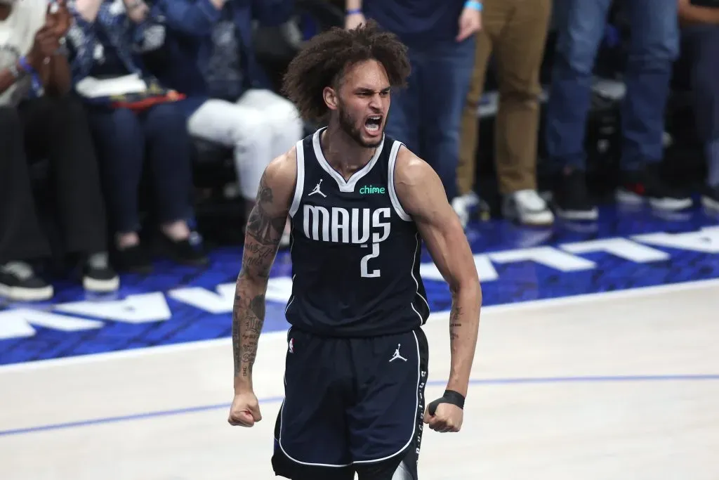 Dereck Lively II #2 of the Dallas Mavericks reacts during the third quarter against the Boston Celtics in Game Four of the 2024 NBA Finals. Tim Heitman/Getty Images