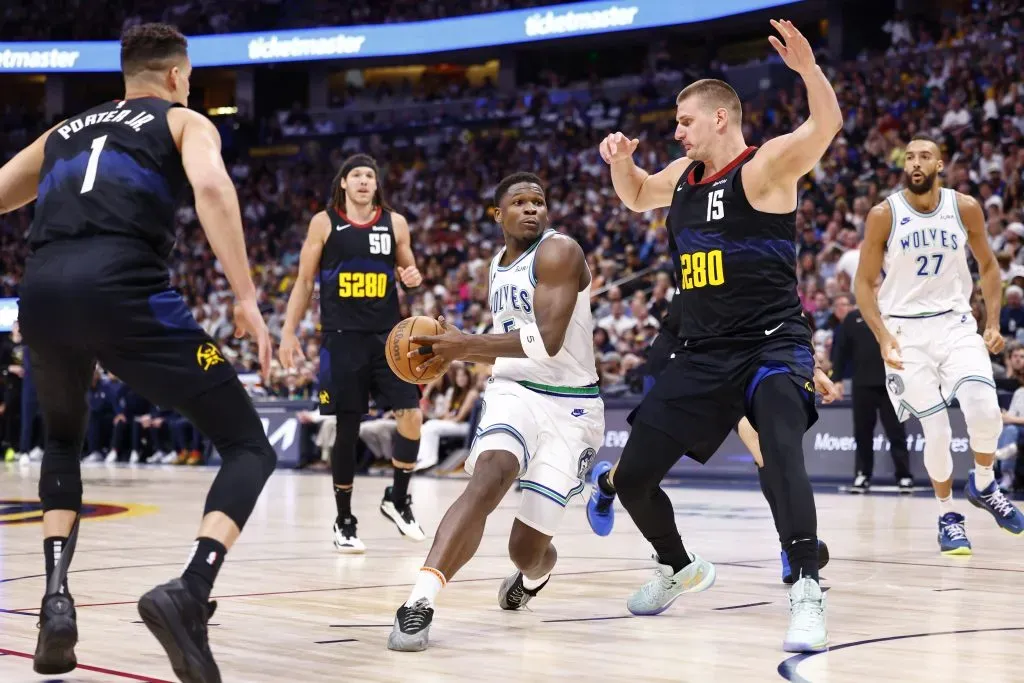 Anthony Edwards #5 of the Minnesota Timberwolves goes to the basket against the Denver Nuggets during Game Seven of the Western Conference Second Round Playoffs. C. Morgan Engel/Getty Images