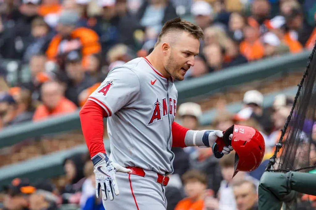 March 28, 2024: Los Angeles Angels center fielder Mike Trout 27 celebrates after blasting a home run in the first inning during the opening day game between the Los Angeles Angels and Baltimore Orioles played at Oriole Park at Camden Yards in Baltimore, Maryland. Copyright: Cory Royster