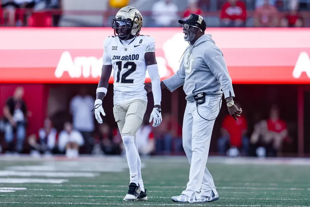 September 7, 2024 Lincoln, NE. U.S. – Colorado Buffaloes head coach Deion Sanders walks on to the field to talk with Colorado Buffaloes Travis Hunter 12 in action during a NCAA, College League, USA Division 1 football game between Colorado Buffalos and the Nebraska Cornhuskers at Memorial Stadium in Lincoln, NE.