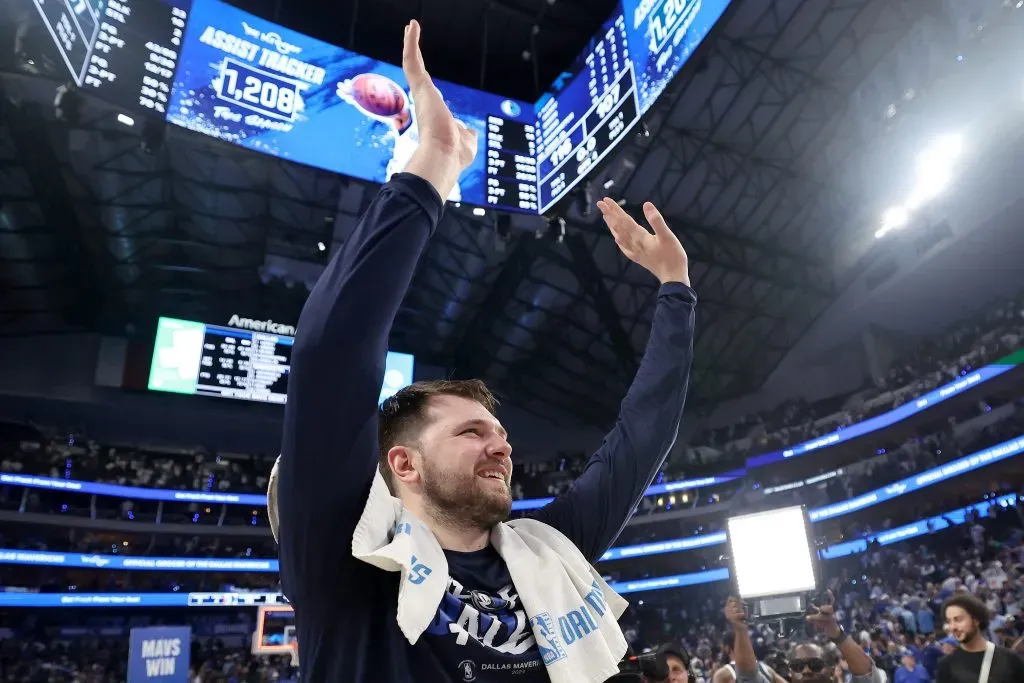 Luka Doncic #77 of the Dallas Mavericks celebrates their win against the Minnesota Timberwolves during Game Three of the Western Conference Finals. Matthew Stockman/Getty Images