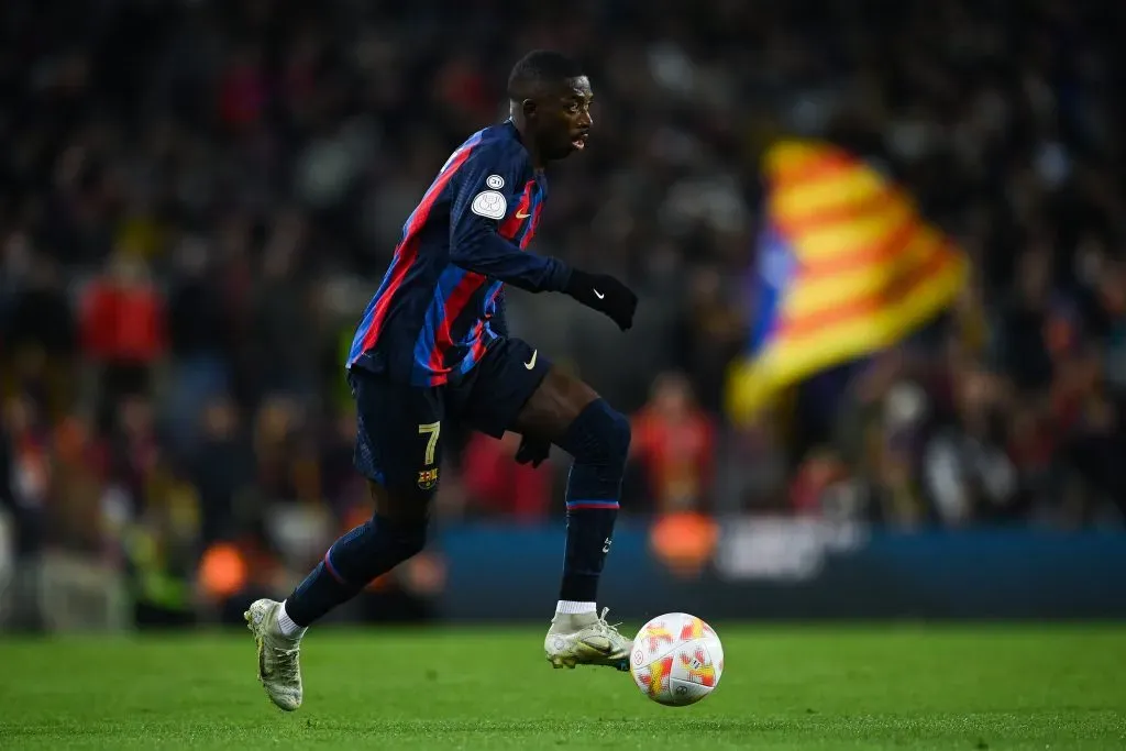 BARCELONA, SPAIN – JANUARY 25: Ousmane Dembélé of FC Barcelona runs with the ball during the Copa Del Rey Quarter Final match between FC Barcelona and Real Sociedad at Spotify Camp Nou on January 25, 2023 in Barcelona, Spain. (Photo by David Ramos/Getty Images)