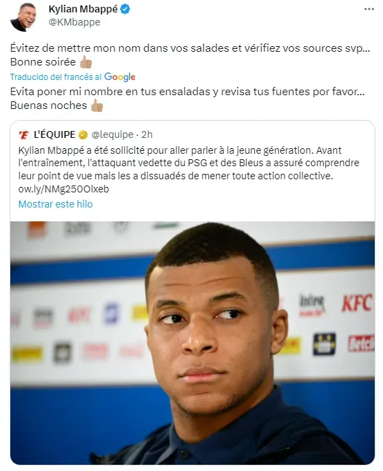 La publicación de Kylian Mbappé en Twitter.