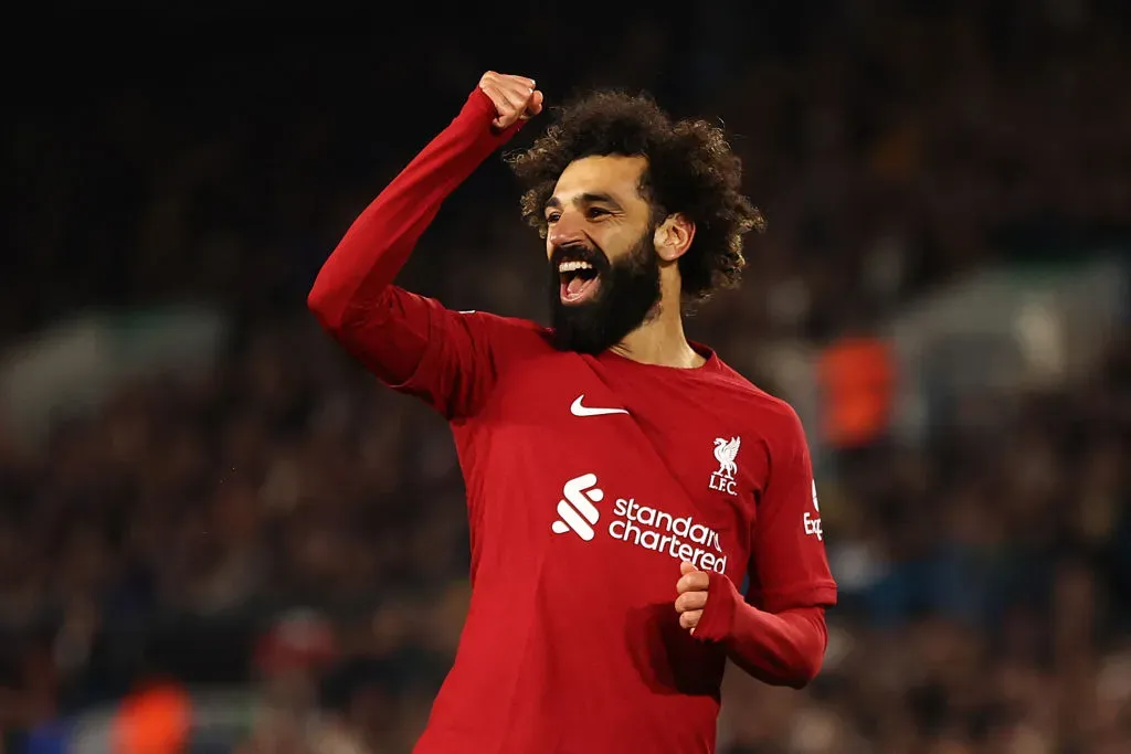 LEEDS, ENGLAND – APRIL 17: Mohamed Salah of Liverpool celebrates after scoring the team’s fourth goal during the Premier League match between Leeds United and Liverpool FC at Elland Road on April 17, 2023 in Leeds, England. (Photo by Naomi Baker/Getty Images)