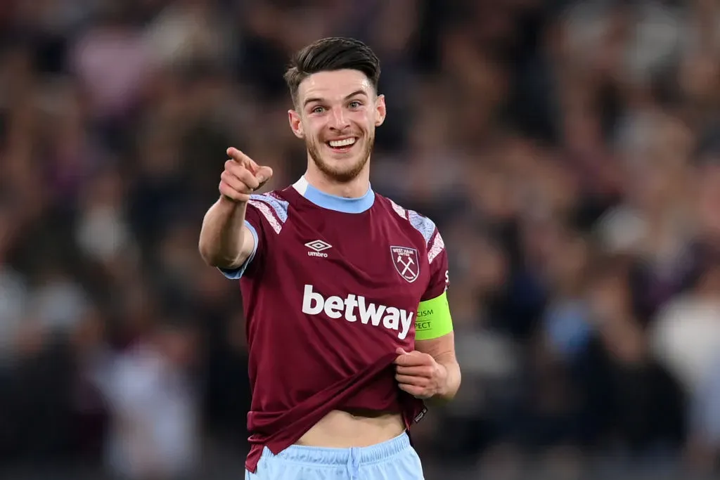 LONDON, ENGLAND – MAY 11: Declan Rice of West Ham United gestures during the UEFA Europa Conference League semi-final first leg match between West Ham United and AZ Alkmaar at London Stadium on May 11, 2023 in London, England. (Photo by Shaun Botterill/Getty Images)