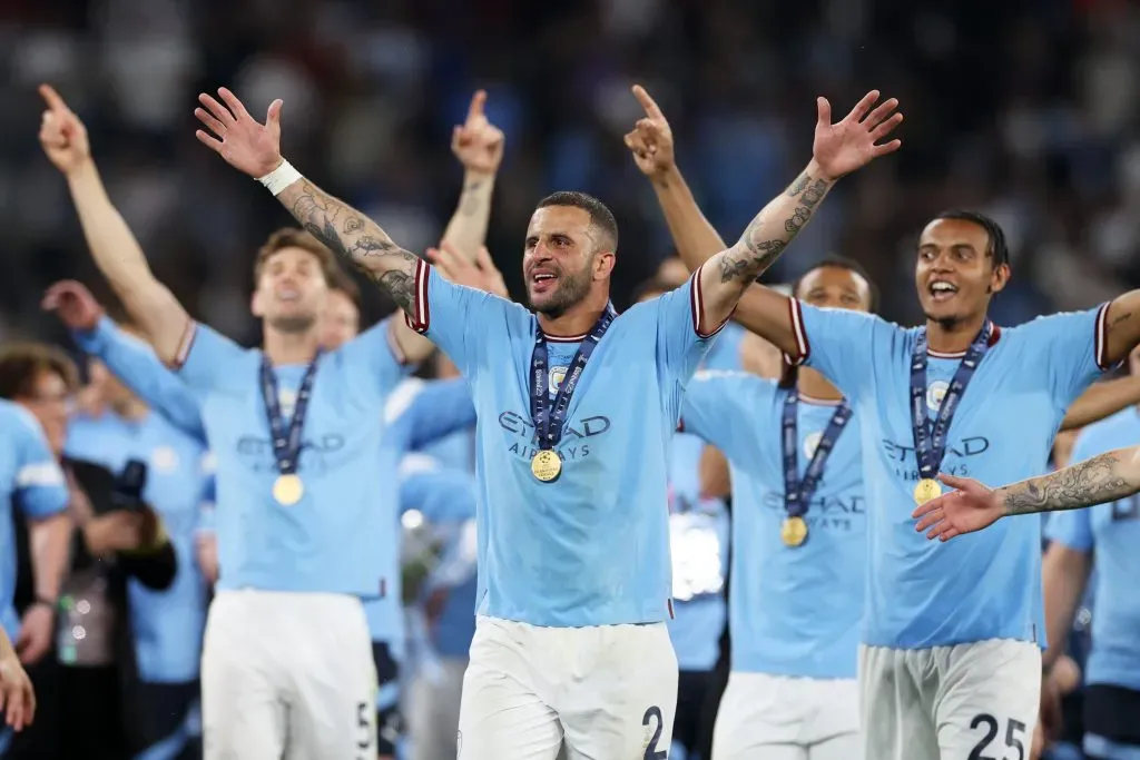 ISTANBUL, TURKEY – JUNE 10: Kyle Walker of Manchester City celebrates after the team’s victory in the UEFA Champions League 2022/23 final match between FC Internazionale and Manchester City FC at Atatuerk Olympic Stadium on June 10, 2023 in Istanbul, Turkey. (Photo by Michael Steele/Getty Images)