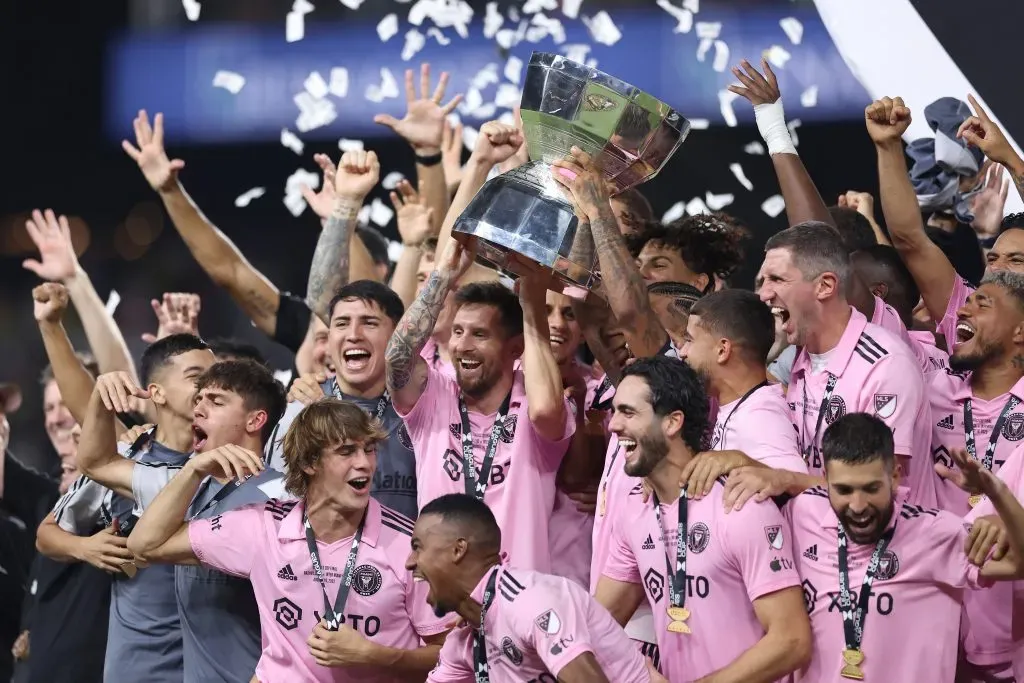 NASHVILLE, TENNESSEE – AUGUST 19: Lionel Messi #10 of Inter Miami hoist the trophy with his teammates after defeating the Nashville SC to win the Leagues Cup 2023 final match between Inter Miami CF and Nashville SC at GEODIS Park on August 19, 2023 in Nashville, Tennessee. (Photo by Tim Nwachukwu/Getty Images)