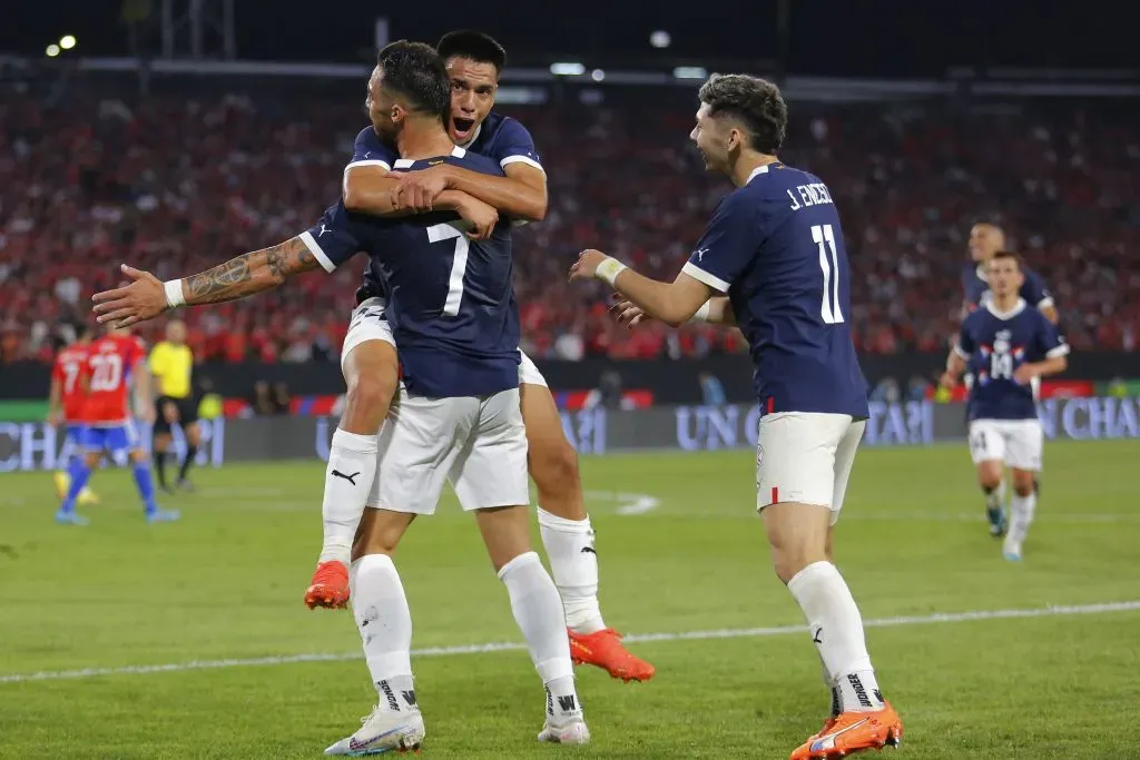 SANTIAGO, CHILE – MARCH 27: Gabriel Avalos (L) of Paraguay celebrates with teammates after scoring the second goal of his team during an international friendly match against Paraguay at Estadio Monumental David Arellano on March 27, 2023 in Santiago, Chile. (Photo by Marcelo Hernandez/Getty Images)