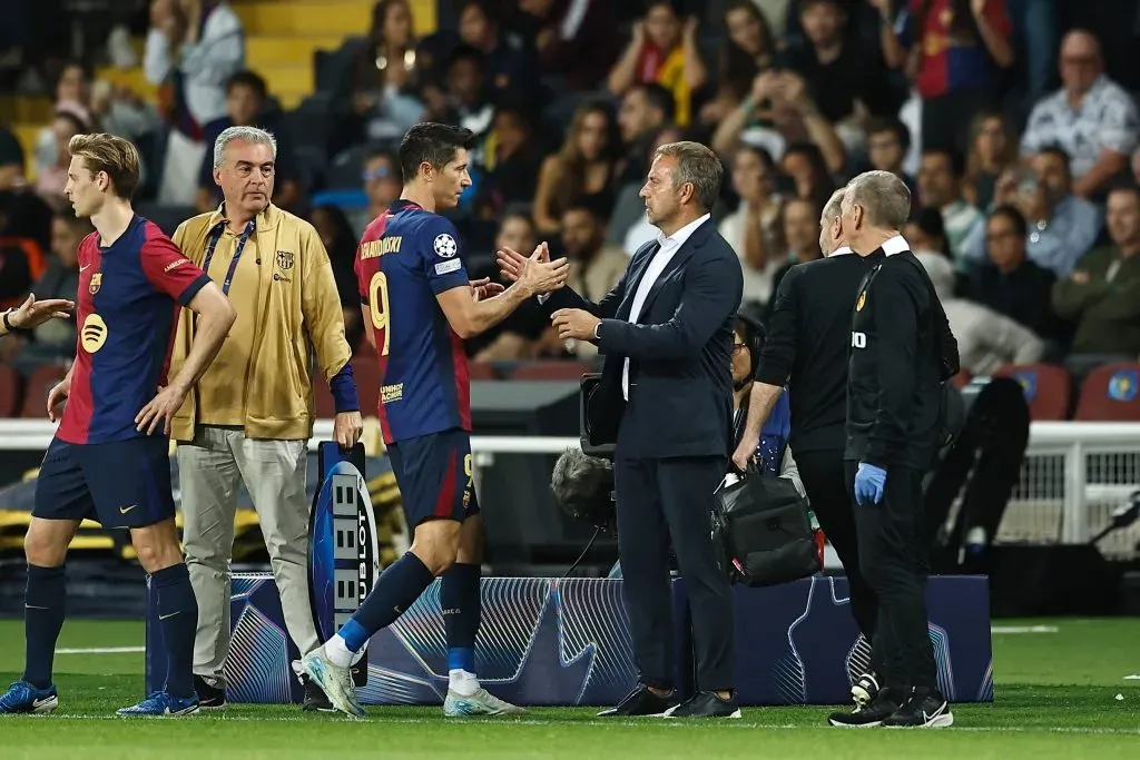 L-R Robert Lewandowski, Hansi Flick Barcelona, OCTOBER 1, 2024 – Football / Soccer : UEFA Champions League League phase match day 2 between FC Barcelona, Barca 5-0 BSC Young Boys at the Estadi Olimpic Lluis Companys in Barcelona, Spain. Noxthirdxpartyxsales PUBLICATIONxNOTxINxJPN 268605353