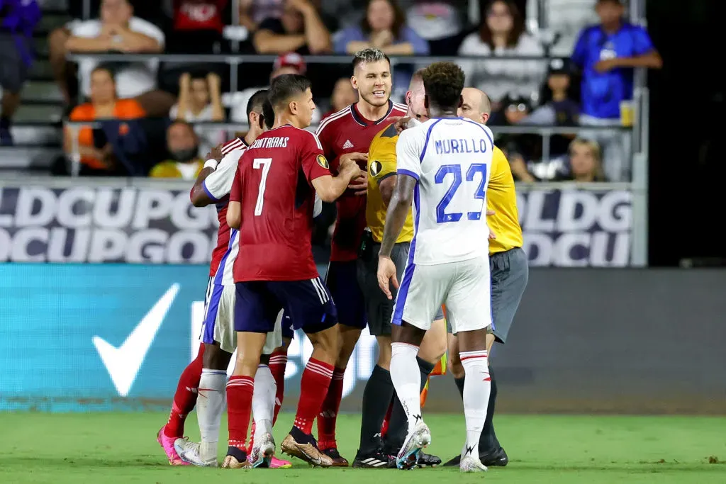 Juan Pablo Vargas #3 of Costa Rica exchanges words with Michael Amir Murillo. (Photo by Megan Briggs/Getty Images)