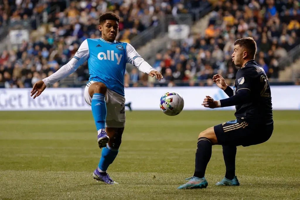 Joseph Mora #28 of Charlotte FC passes past Kai Wagner #27 of Philadelphia Union (Getty Images).