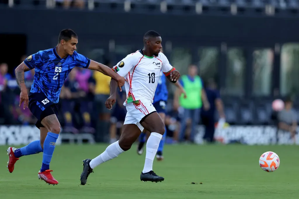 Roberto Domínguez of El Salvador and Brighton Labeau of Martinique. (Photo by Megan Briggs/Getty Images)