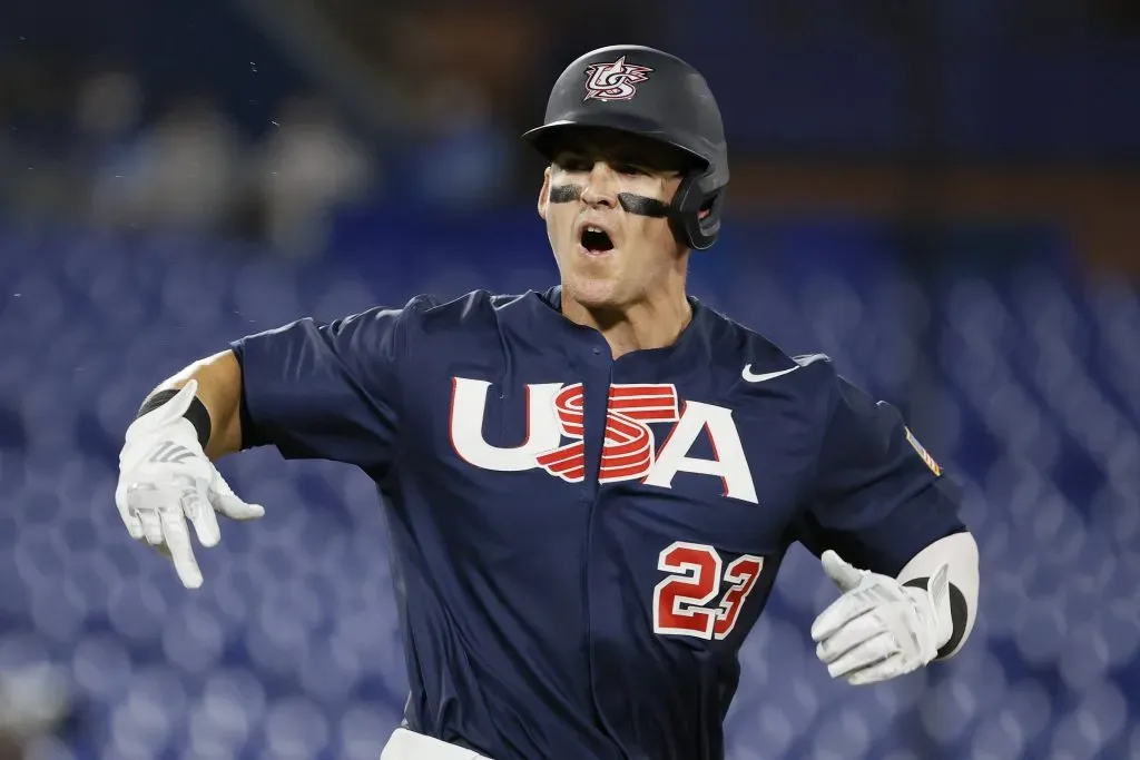 YOKOHAMA, JAPAN – AUGUST 07: Designated hitter Tyler Austin #23 of Team United States reacts after hitting a single int he eighth inning against Team Japan during the gold medal game between Team United States and Team Japan on day fifteen of the Tokyo 2020 Olympic Games at Yokohama Baseball Stadium on August 07, 2021 in Yokohama, Kanagawa, Japan. (Photo by Steph Chambers/Getty Images)