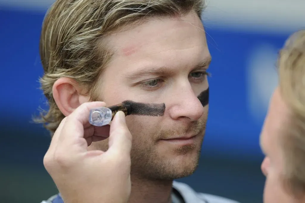 KANSAS CITY, MO – APRIL 26:  Adam Everett #4 of the Detroit Tigers has face paint applied prior to a game against the Kansas City Royals on April 26, 2009 at Kauffman Stadium in Kansas City, Missouri. (Photo by G. Newman Lowrance/Getty Images)