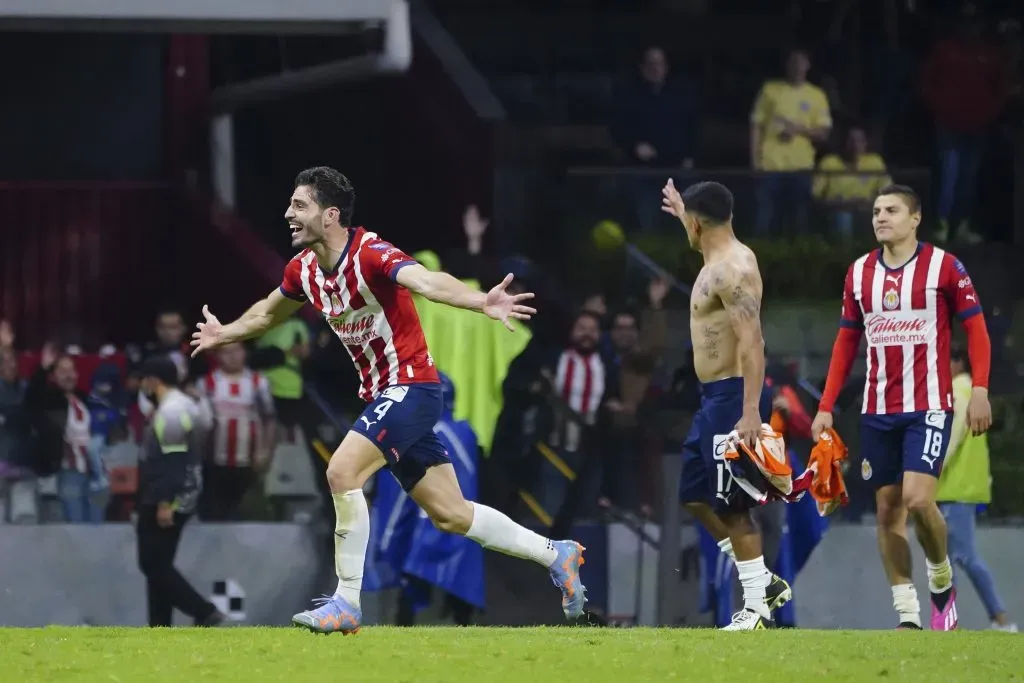 Ciudad de México, 21 de mayo de 2023. Antonio Briseño en festejo, durante el partido de vuelta de las Semifinales del torneo Clausura 2023 de la Liga BBVA MX, entre las Águilas del América y las Chivas Rayadas del Guadalajara, celebrado en el estadio Azteca. Foto: Imago7/ Rafael Vadillo