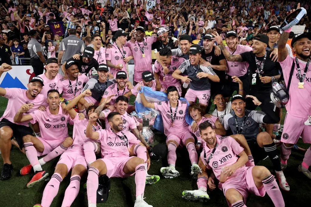 NASHVILLE, TENNESSEE – AUGUST 19: Inter Miami CF celebrate after defeating the Nashville SC to win the Leagues Cup 2023 final match between Inter Miami CF and Nashville SC at GEODIS Park on August 19, 2023 in Nashville, Tennessee. (Photo by Tim Nwachukwu/Getty Images)